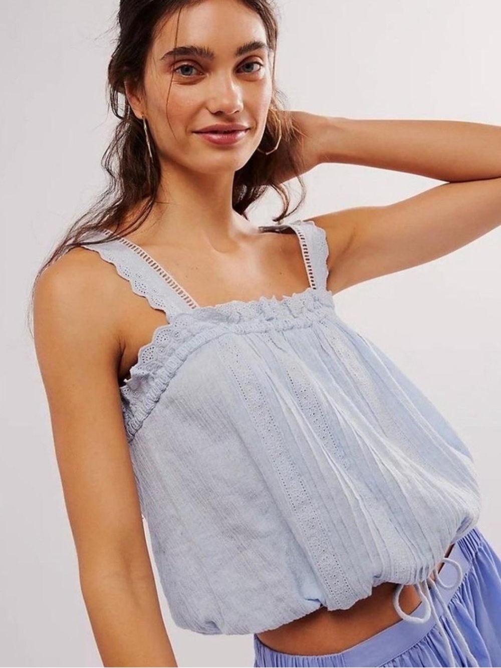 Free People Because of You Chambray Blue Top Tank cotton linen size small